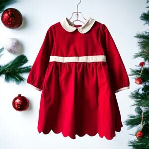 Vintage J. Khaki Red Corduroy Scalloped Bottom Dress Peter Pan Collar, Size 3T